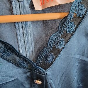 JJs House Teal Lace Accent Blouse
